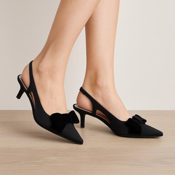 Anne Klein Vintage Slingback Heels 8.5 Black Satin Bow Kitten Made in Italy - Picture 9 of 9